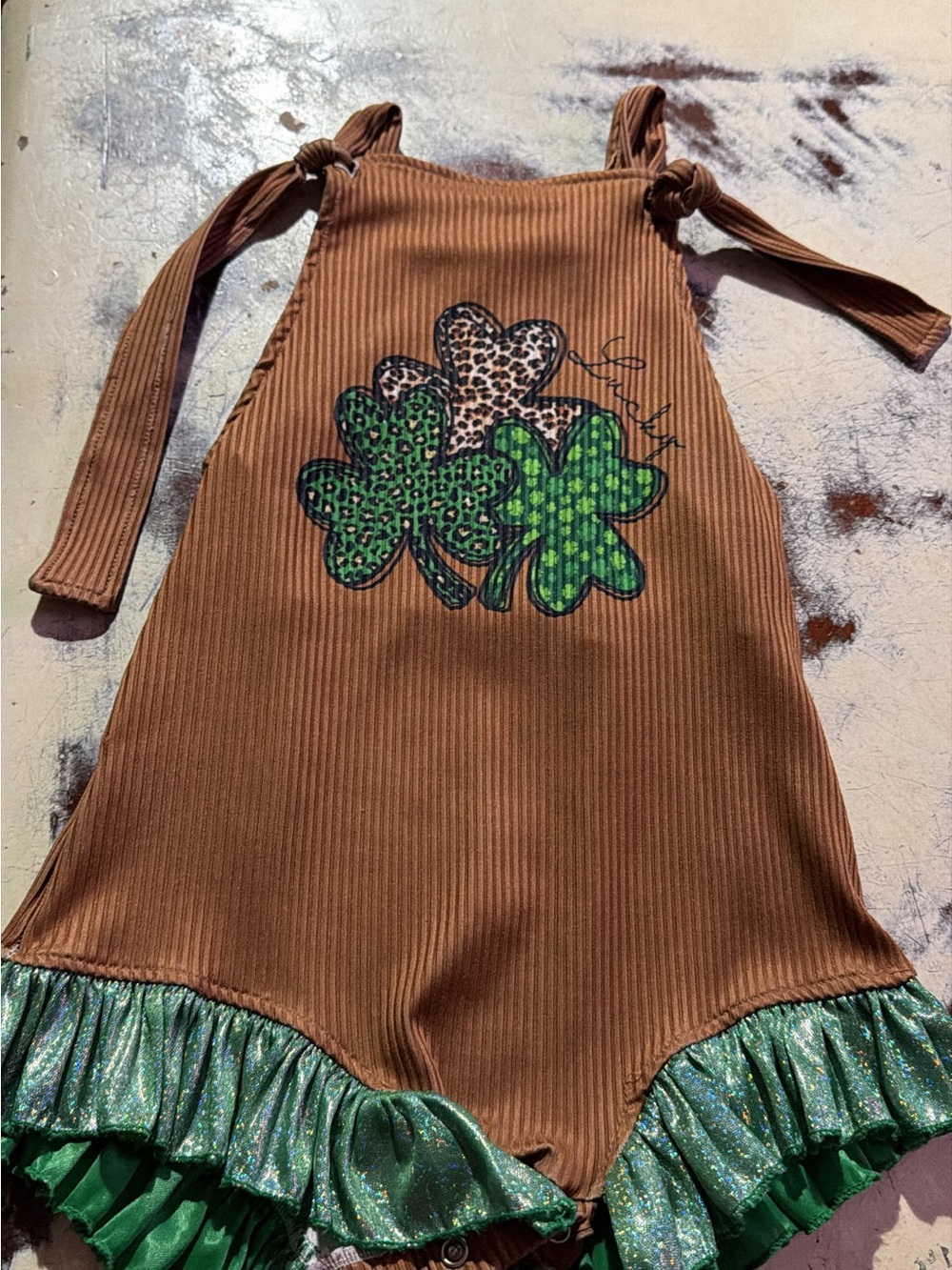 Brown Ribbed Baby Romper with Green Shamrock Applique
